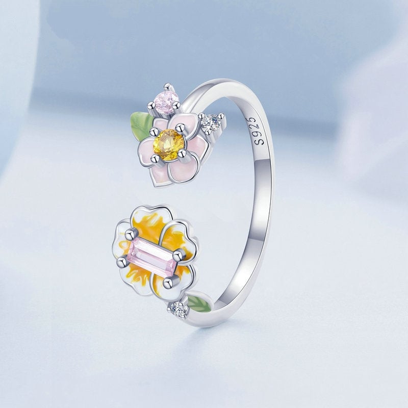 Bague Fleurs <titolo_esteso><span>en argent 925 plaqué or blanc ajustable émaillé à la main avec zircons colorés</span></titolo_esteso> - Image 4