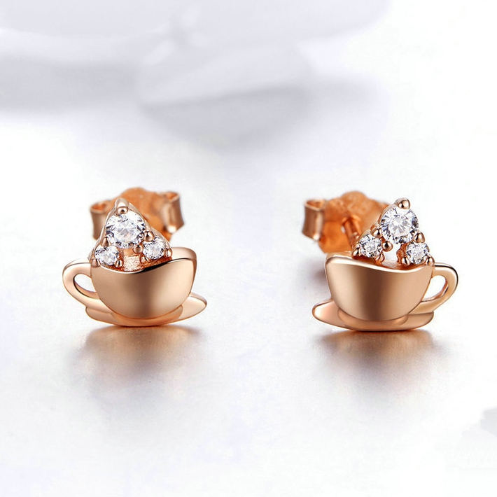 Boucles d’Oreilles Tasse de Café <myopt><span>Puces en Argent Sterling 925 plaqué or rose avec zircons blancs</span></myopt> - Image 3
