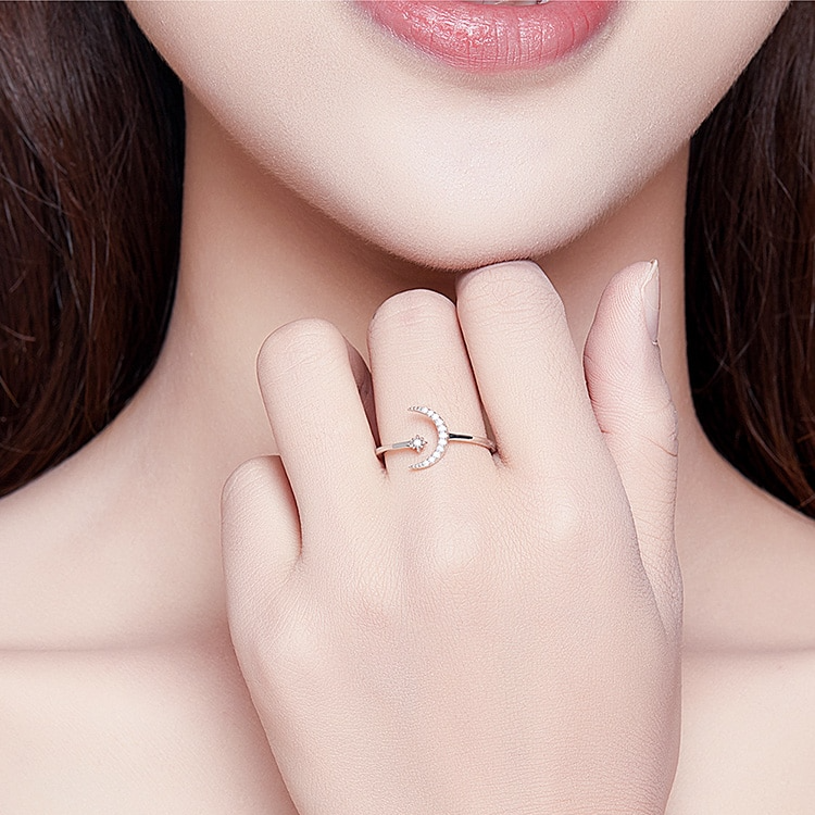 Bague Lune et Étoile Comète <titolo_esteso><span>en argent 925 plaqué or blanc ajustable avec zircons blancs</span></titolo_esteso> - Image 2