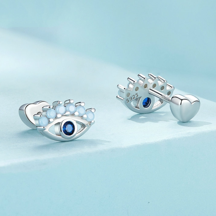 Boucles d’Oreilles Oeil du Diable <myopt><span>Puces en Argent Sterling 925 plaqué or blanc avec zircons bleus</span></myopt> - Image 4