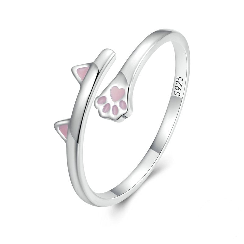 Bague Chat <titolo_esteso><span>en argent 925 plaqué or blanc ajustable émaillé rose</span></titolo_esteso>