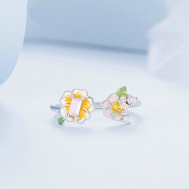 Bague Fleurs <titolo_esteso><span>en argent 925 plaqué or blanc ajustable émaillé à la main avec zircons colorés</span></titolo_esteso> - Image 3