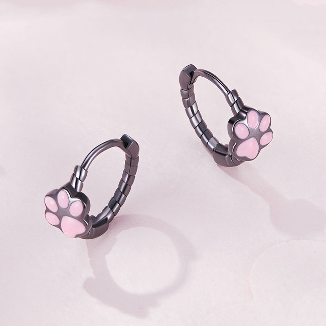 Boucles d’Oreilles Créoles Pattes de Chat <titolo_esteso><span>en argent 925 plaqué noir émaillé rose</span></titolo_esteso> - Image 3