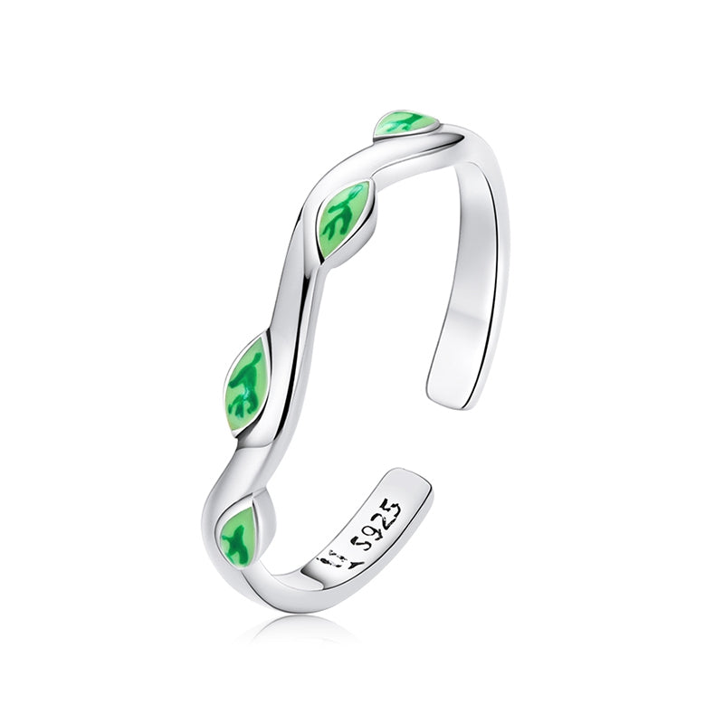 Bague Feuilles Vertes <titolo_esteso><span>en argent 925 plaqué or blanc ajustable émaillé à la main</span></titolo_esteso>