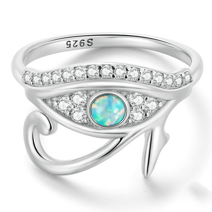 Bague Oeil de Horus <titolo_esteso><span>en argent 925 plaqué or blanc avec zircons blancs et opale</span></titolo_esteso>