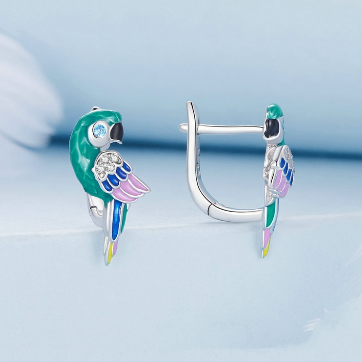 Boucles d'Oreilles Perroquets <titolo_esteso><span>en argent 925 plaqué or blanc émaillé à la main avec zircons blancs et bleus</span></titolo_esteso> - Image 4