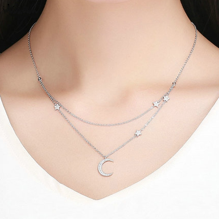 Collier Double Lune et Étoiles <titolo_esteso><span>en argent 925 plaqué or blanc ajustable avec zircons blancs</span></titolo_esteso> - Image 2