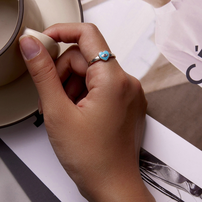 Bague Coeur Bleu <titolo_esteso><span>en argent 925 plaqué or blanc ajustable émaillé bleu avec zircon violet</span></titolo_esteso> - Image 5
