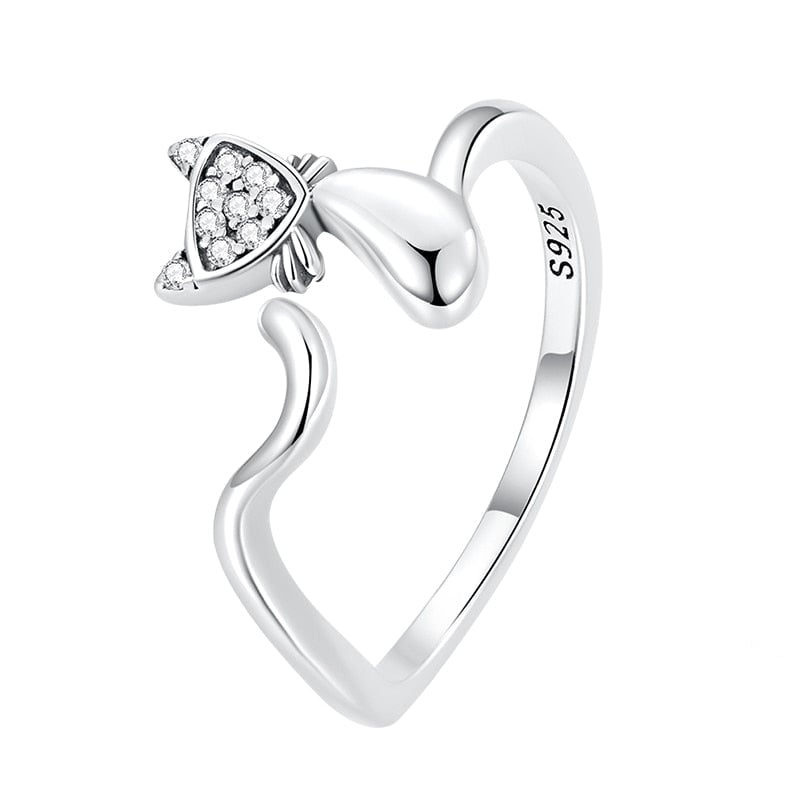 Bague Chat en argent 925 plaqué or blanc ajustable avec zircons blancs