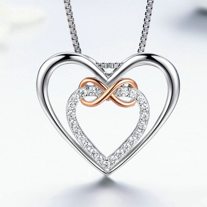 Collier Double Coeur avec Infini <titolo_esteso><span>en argent 925 plaqué or blanc et or rose ajustable avec zircons blancs</span></titolo_esteso> - Image 3