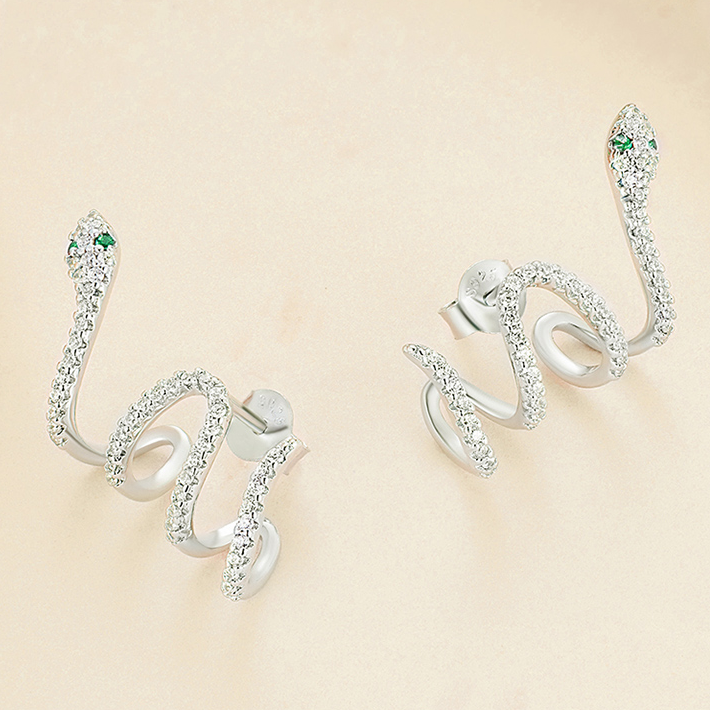 Boucles d'Oreilles Serpents Brillantes <titolo_esteso><span>en argent 925 plaqué or blanc avec zircons blancs et verts</span></titolo_esteso> - Image 3