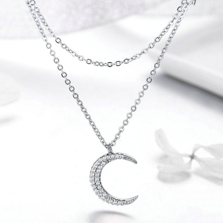 Collier Double Lune et Étoiles <titolo_esteso><span>en argent 925 plaqué or blanc ajustable avec zircons blancs</span></titolo_esteso> - Image 4