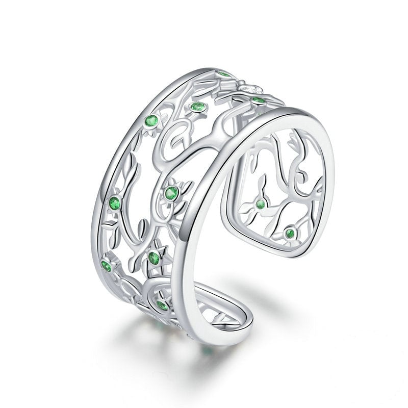 Bague Arbre de la Vie <titolo_esteso><span>en argent 925 plaqué or blanc ajustable avec zircons verts</span></titolo_esteso>