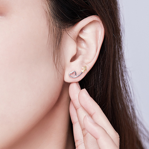 Boucles d'Oreilles Coeurs avec Avions <titolo_esteso><span>en argent 925 plaqué or blanc et or jaune</span></titolo_esteso> - Image 2