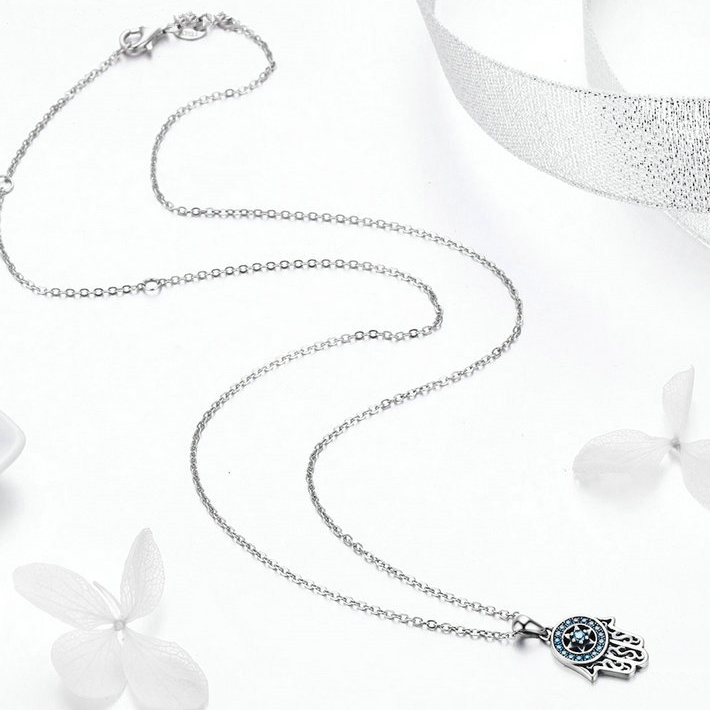 Collier Hamsa Brillant <myopt><span>Argent Sterling 925 plaqué or blanc avec zircons bleus</span></myopt> - Image 4