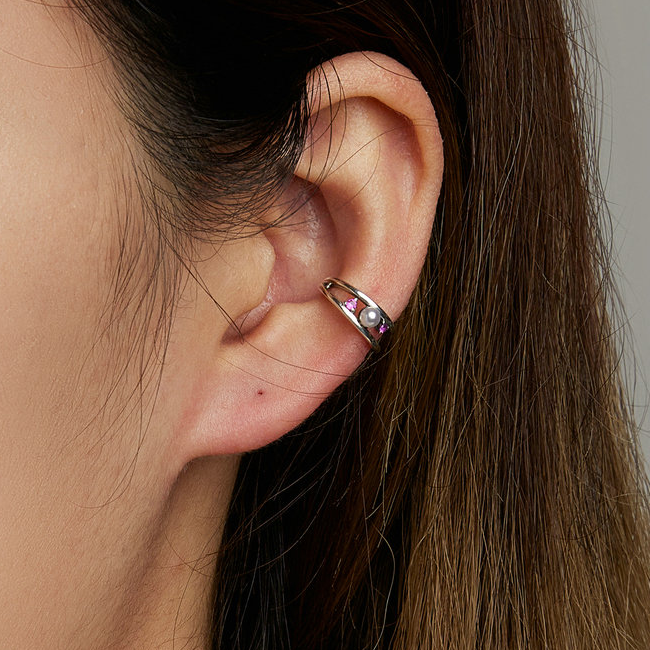 Bague d'Oreilles Perle <titolo_esteso><span>en argent 925 plaqué or blanc avec zircons roses</span></titolo_esteso> - Image 2