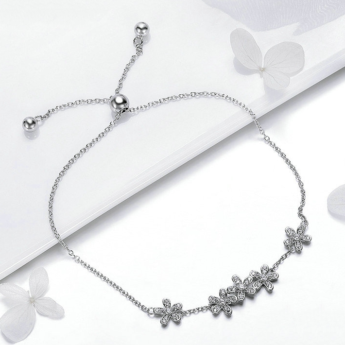 Bracelet Marguerites <titolo_esteso><span>en argent 925 plaqué or blanc ajustable avec zircons blancs</span></titolo_esteso> - Image 2