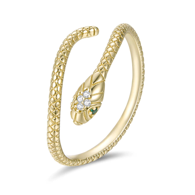 Bague Serpent Cobra Royal <titolo_esteso><span>en argent 925 plaqué or jaune ajustable avec pavé de zircons blancs et verts</span></titolo_esteso>