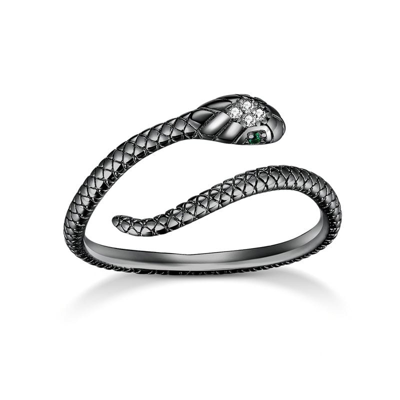 Bague Serpent Cobra Royal <titolo_esteso><span>en argent 925 plaqué or noir ajustable avec pavé de zircons blancs et verts</span></titolo_esteso>