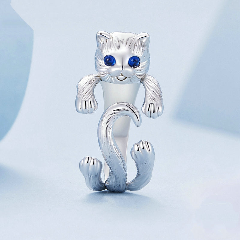 [OOS] Bague Chat en argent 925 plaqué or blanc ajustable avec des yeux en zircon bleu et des détails gravés à la main - Photo 3