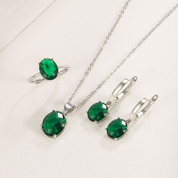 Parure de Bijoux <myopt><span>Argent Sterling 925 plaqué or blanc avec collier, boucles d’oreilles et bague ajustable avec zircons verts</span></myopt> - Image 2