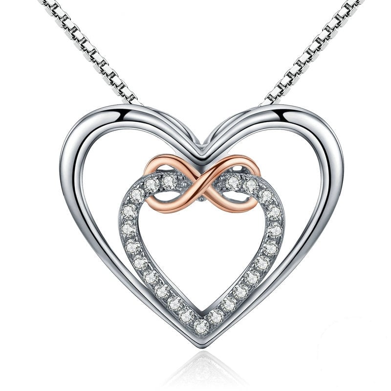 Collier Double Coeur avec Infini <titolo_esteso><span>en argent 925 plaqué or blanc et or rose ajustable avec zircons blancs</span></titolo_esteso>