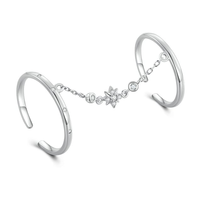 Bague Bouble avec Chaîne <titolo_esteso><span>en argent 925 plaqué or blanc ajustable avec zircons blancs</span></titolo_esteso>