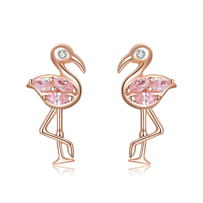 Boucles d’Oreilles Flamant Rose <myopt><span>Puces en Argent Sterling 925 plaqué or rose avec zircons roses et blancs</span></myopt>