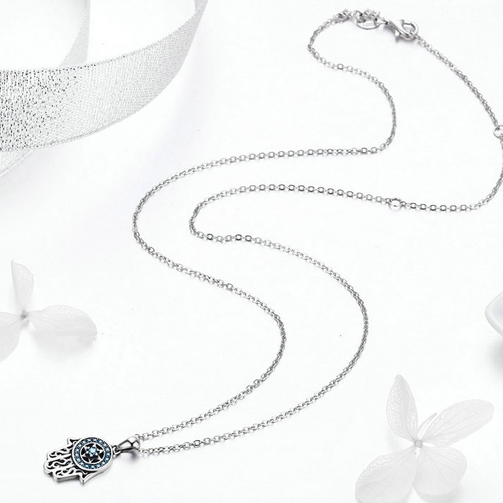 Collier Hamsa Brillant <myopt><span>Argent Sterling 925 plaqué or blanc avec zircons bleus</span></myopt> - Image 3