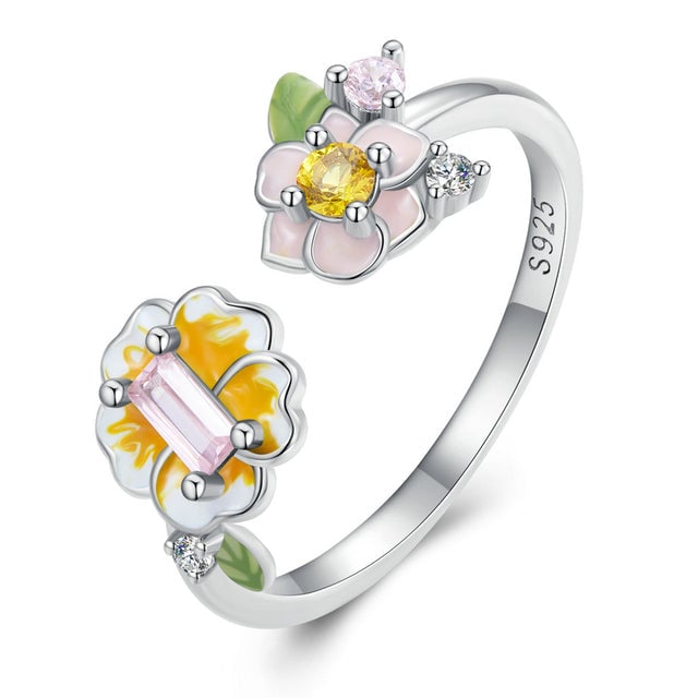 Bague Fleurs <titolo_esteso><span>en argent 925 plaqué or blanc ajustable émaillé à la main avec zircons colorés</span></titolo_esteso>