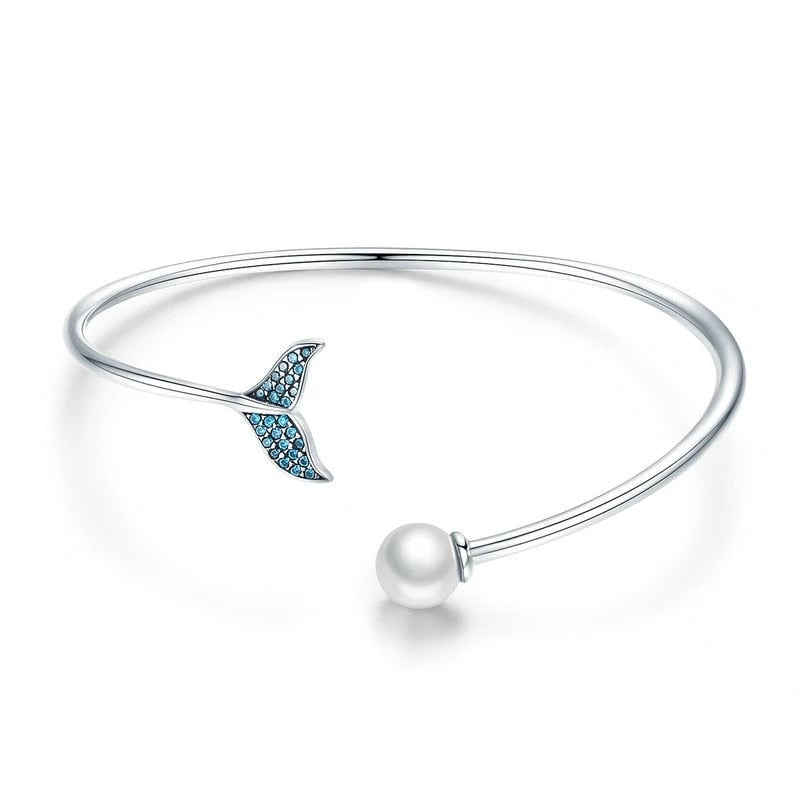 Bracelet Sirène avec Perle <titolo_esteso><span>jonc en argent 925 plaqué or blanc avec perle et zircons bleus</span></titolo_esteso>