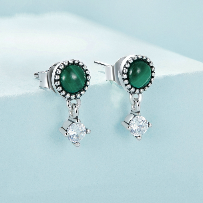 Boucles d'Oreilles Malachite <titolo_esteso><span>en argent 925 plaqué or blanc avec zircons blancs</span></titolo_esteso> - Image 3