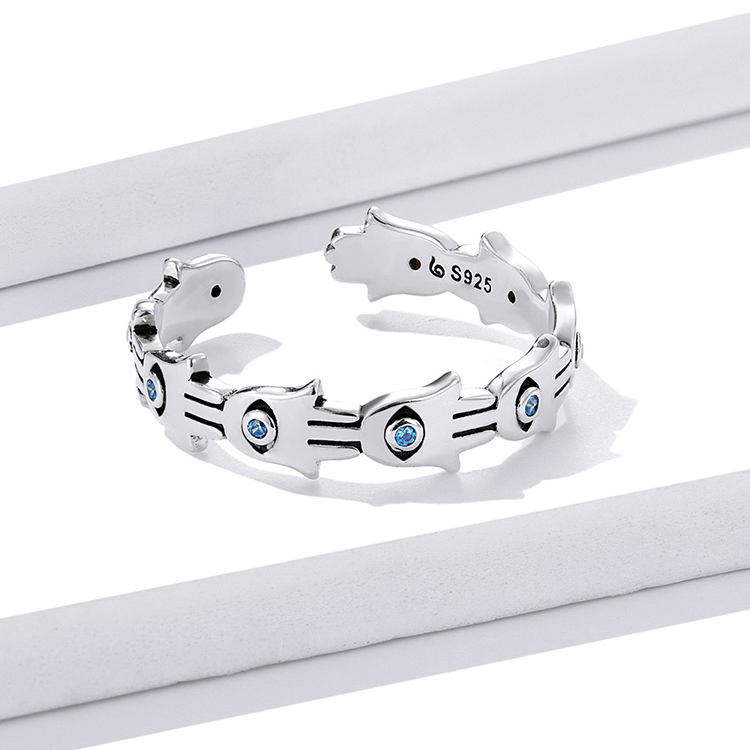 Bague Hamsa <titolo_esteso><span>en argent 925 plaqué or blanc ajustable avec zircons bleus</span></titolo_esteso> - Image 3