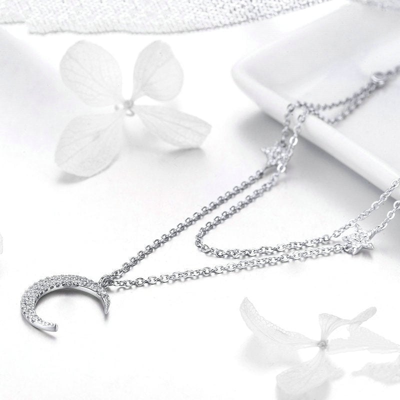 Collier Double Lune et Étoiles <titolo_esteso><span>en argent 925 plaqué or blanc ajustable avec zircons blancs</span></titolo_esteso> - Image 3