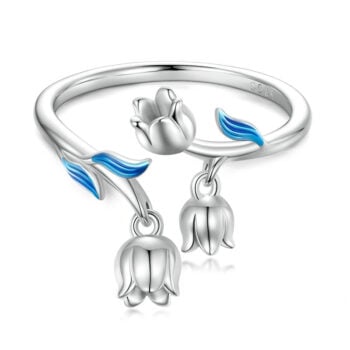 Bague Fleur de Lys <titolo_esteso><span>en argent 925 plaqué or blanc ajustable avec fleurs pendantes et feuilles émaillées bleu</span></titolo_esteso>