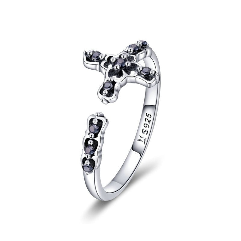 Bague Croix <titolo_esteso><span>en argent 925 plaqué or blanc ajustable avec zircons noirs</span></titolo_esteso>