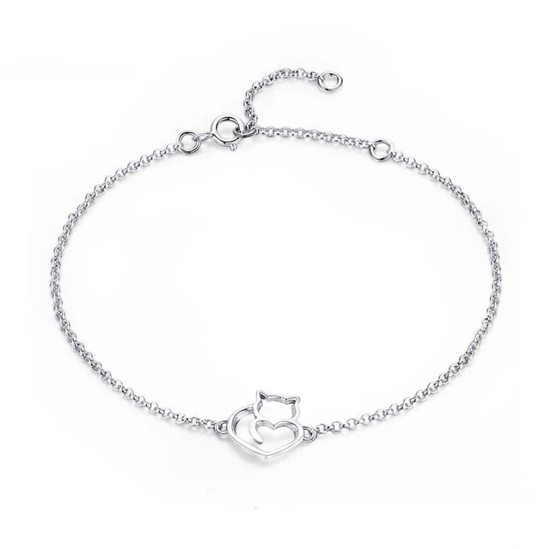 Bracelet Chat avec Coeur <titolo_esteso><span>en argent 925 plaqué or blanc avec fermoir ajustable</span></titolo_esteso>