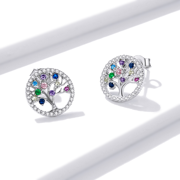 Boucles d’Oreilles Arbre de Vie <myopt><span>Puces en Argent Sterling 925 plaqué or blanc avec pavé de zircons colorés</span></myopt> - Image 5