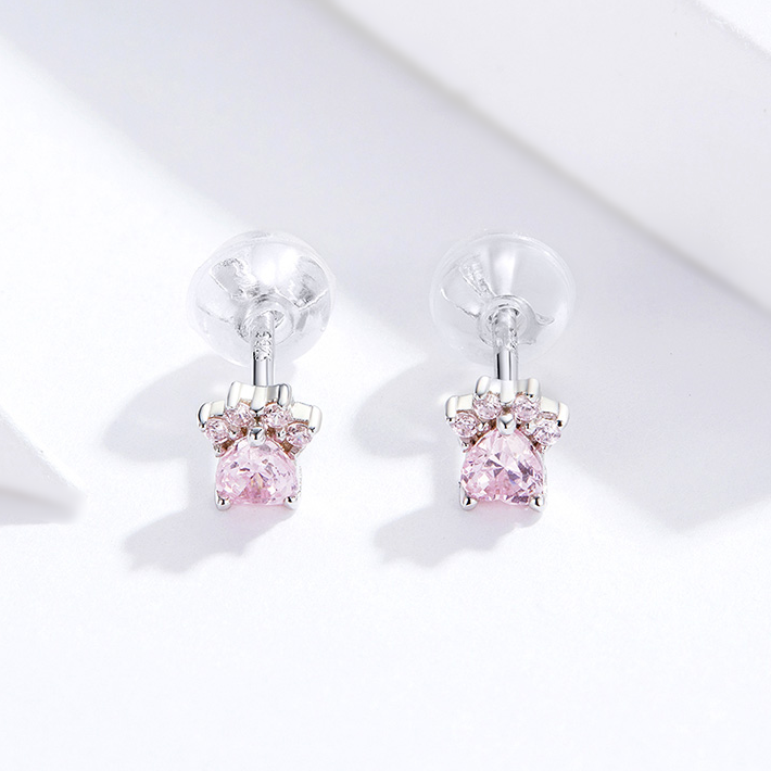 Boucles d'Oreilles Petites Pattes <titolo_esteso><span>en argent 925 plaqué or blanc avec zircons roses</span></titolo_esteso> - Image 3