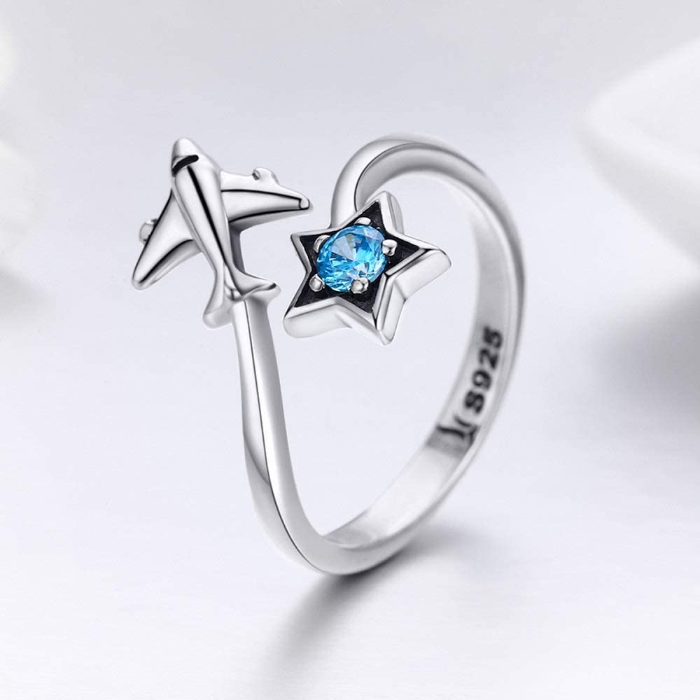 Bague Avion et Étoile <titolo_esteso><span>en argent 925 plaqué or blanc ajustable avec zircon bleu</span></titolo_esteso> - Image 3