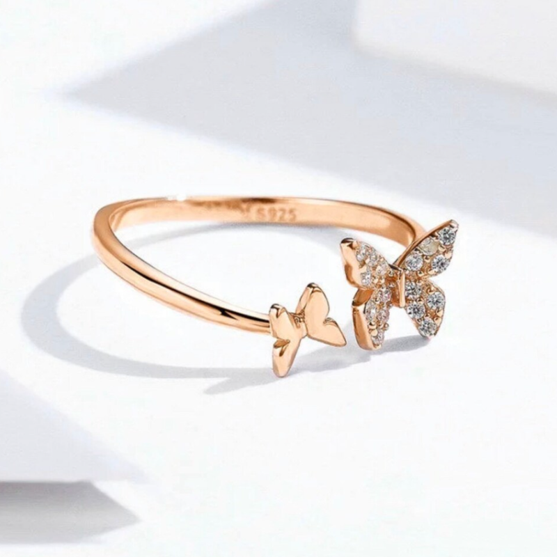 Bague Papillons <titolo_esteso><span>en argent 925 plaqué or rose ajustable avec zircons blancs</span></titolo_esteso> - Image 4