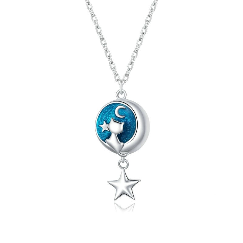Collier Chat sur la Lune <titolo_esteso><span>en argent 925 plaqué or blanc avec pendentif émaillé bleu</span></titolo_esteso>