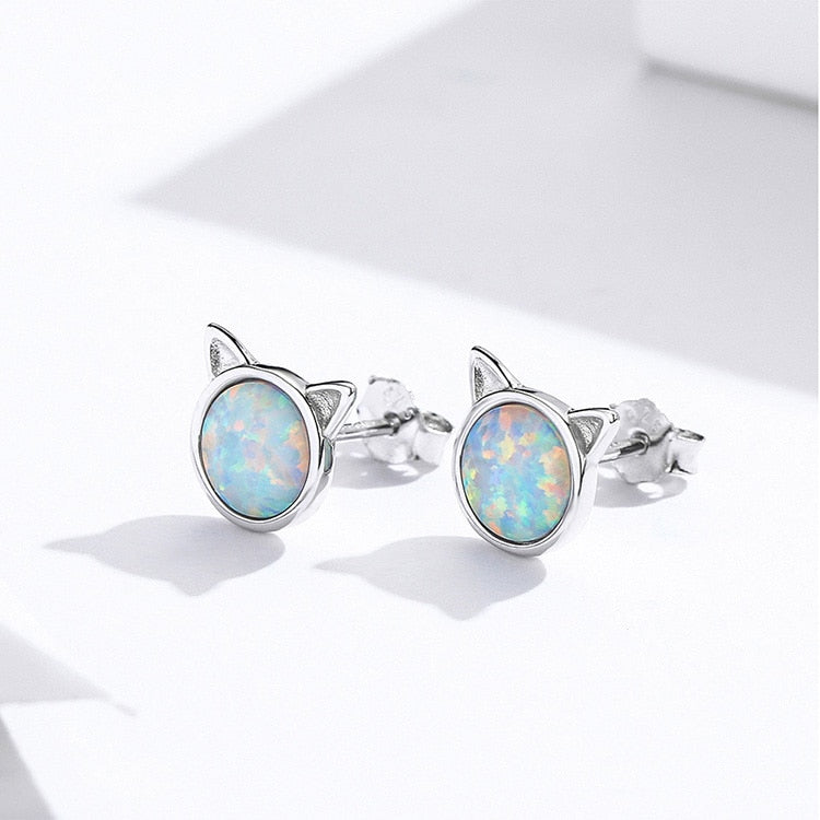 Boucles d'Oreilles Chats <titolo_esteso><span>en argent 925 plaqué or blanc avec opales</span></titolo_esteso> - Image 3