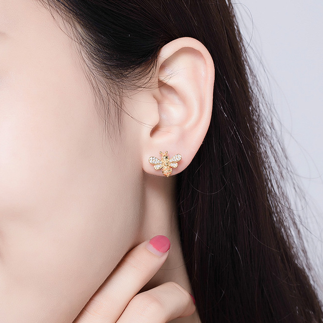 Boucles d'Oreilles Abeilles Brillantes <titolo_esteso><span>en argent 925 plaqué or jaune avec zircons blancs et oranges</span></titolo_esteso> - Image 2