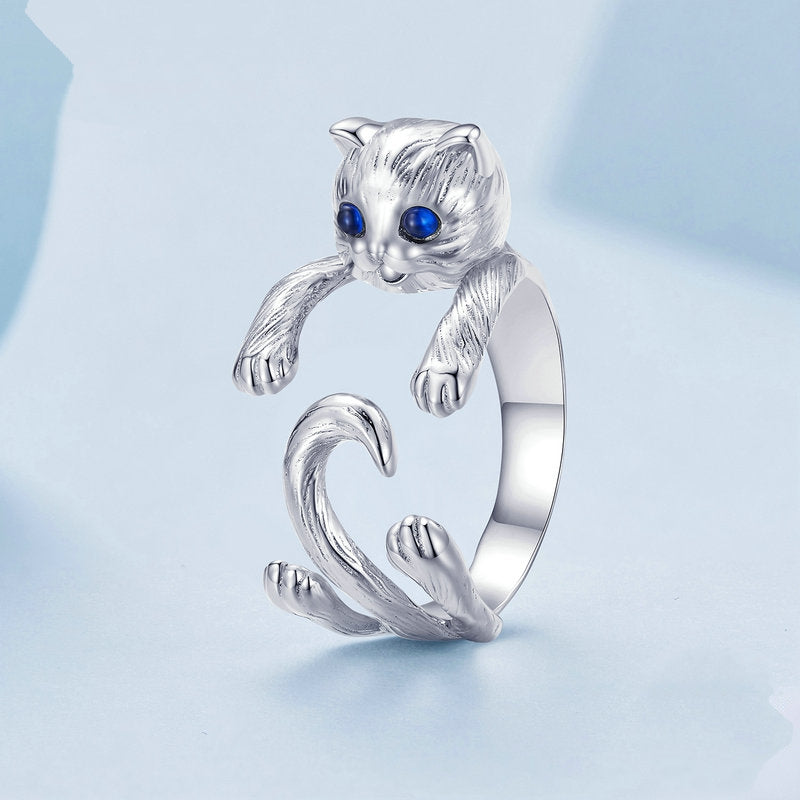 [OOS] Bague Chat en argent 925 plaqué or blanc ajustable avec des yeux en zircon bleu et des détails gravés à la main - Photo 4