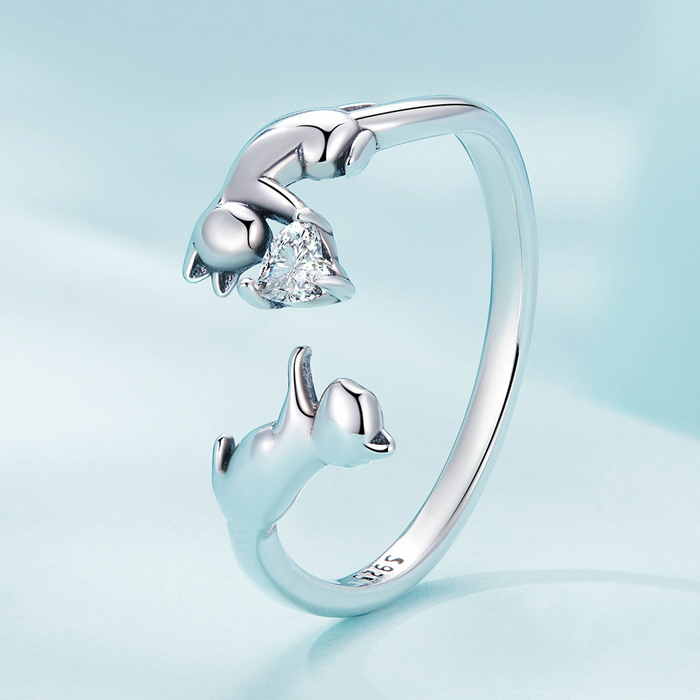 Bague Chats <titolo_esteso><span>en argent 925 plaqué or blanc ajustable avec coeur en zircon blanc</span></titolo_esteso> - Image 4