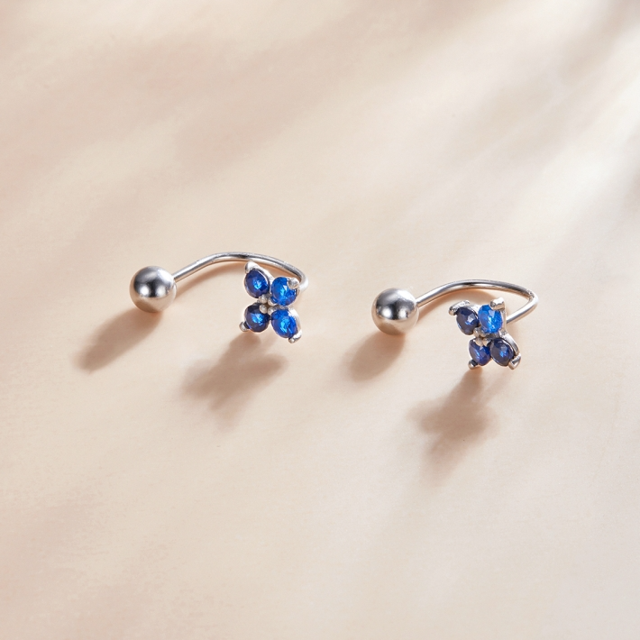 Boucles d’Oreilles Fleurs Bleues <myopt><span>Argent sterling 925 plaqué or blanc avec zircons bleus</span></myopt> - Image 3