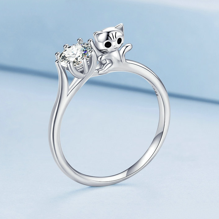 Bague Solitaire avec Chat <titolo_esteso><span>en argent 925 plaqué or blanc avec zircon blanc</span></titolo_esteso> - Image 3