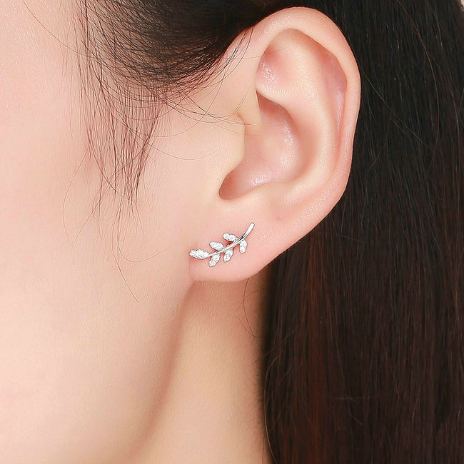 Boucles d'Oreilles Feuilles Brillantes <titolo_esteso><span>en argent 925 plaqué or blanc avec zircons blancs</span></titolo_esteso> - Image 2