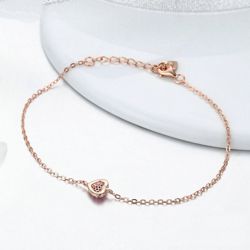 Bracelet Coeur Rose <titolo_esteso><span>en argent 925 plaqué or rose ajustable avec zircons roses</span></titolo_esteso> - Image 4